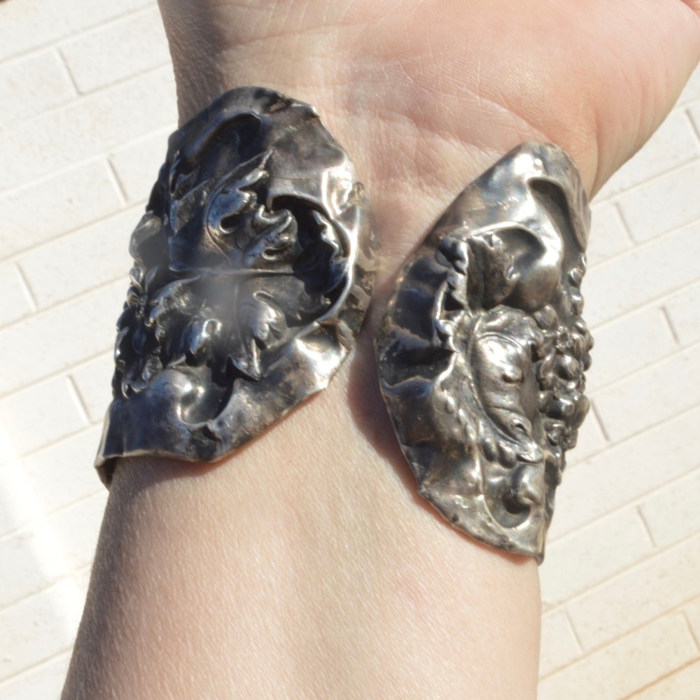 Antique Art Nouveau Floral Silver Plate Bracelet Victorian Wide Repoussé Baroque - Picture 4 of 8